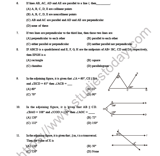 CBSE Class 9 Maths Lines And Angles MCQs, Multiple Choice Questions